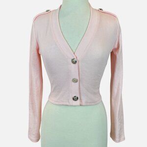 Hot & Delicious Cropped Ribbed Lt Pink Cardi Decorative Buttons Epaulettes L NWT